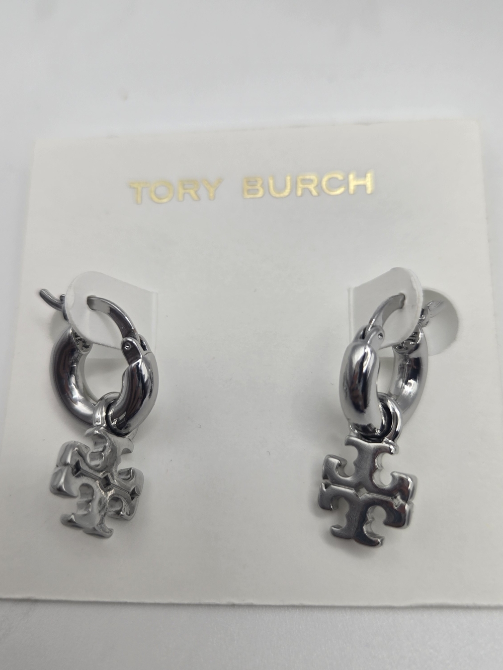 New Tory Burch Silver Logo Hoop Drop Earrings Small Size